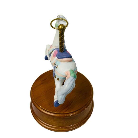 Vintage Ceramic Carousel Horse Figurine On Wooden Base 5 1/2" Music Box  Up e Po - Picture 7 of 10
